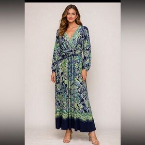 Lilly Pulitzer navy/green tropical printed long sleeve maxi dress.